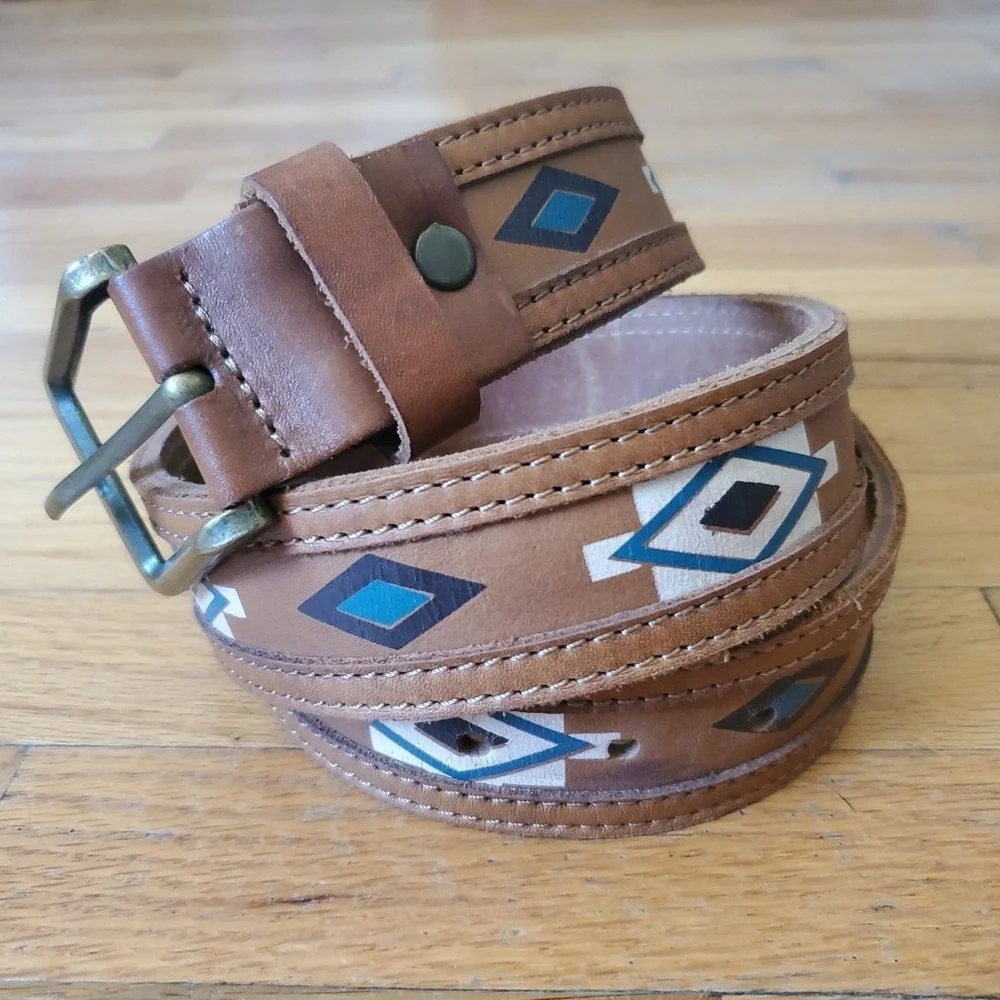 LoveStrength Painted Leather Hip Belt‎ Small Tan Aztec Boho Southwestern NEW